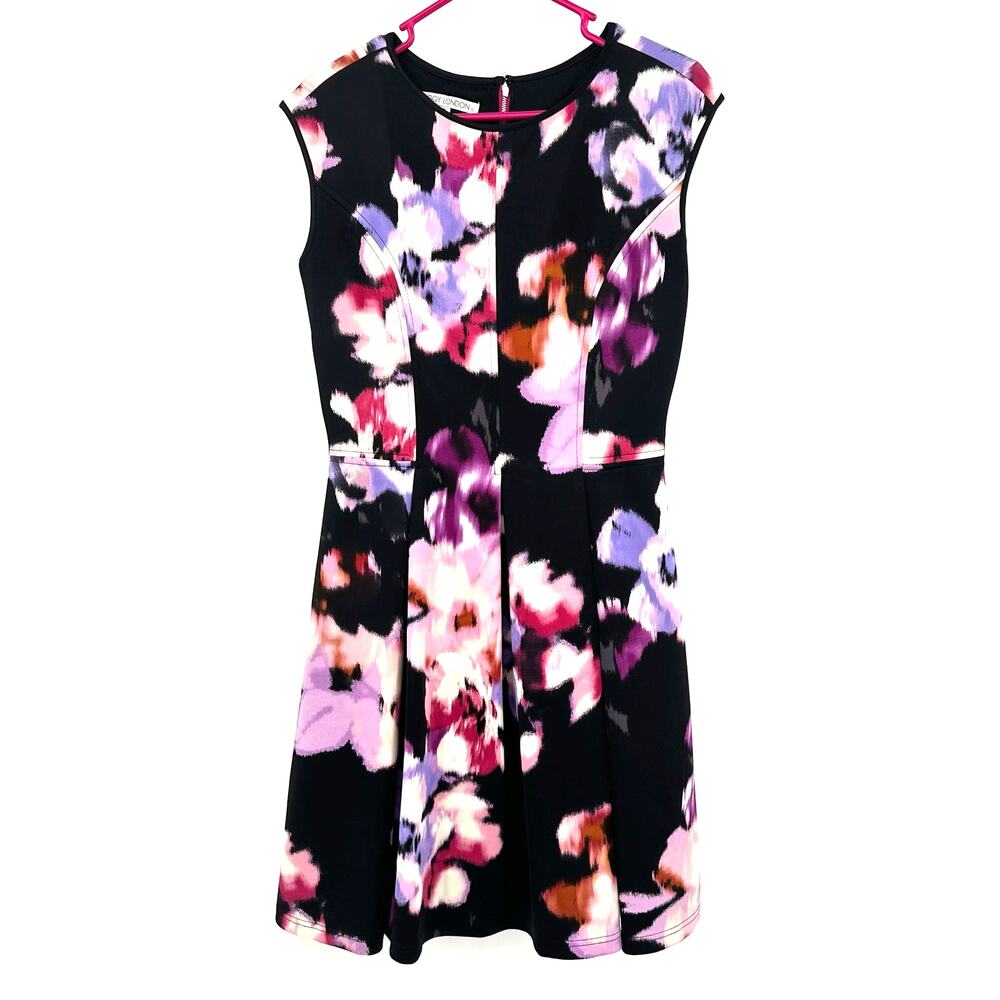 Maggie London Size 10 Dress Black Floral Print Sleeveless Mini Fitted Bodycon